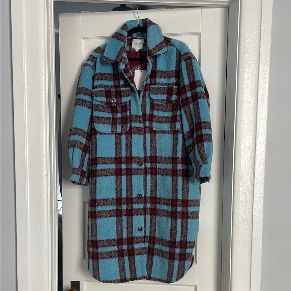 Grey Lab Plaid Blue and Red Long Coat